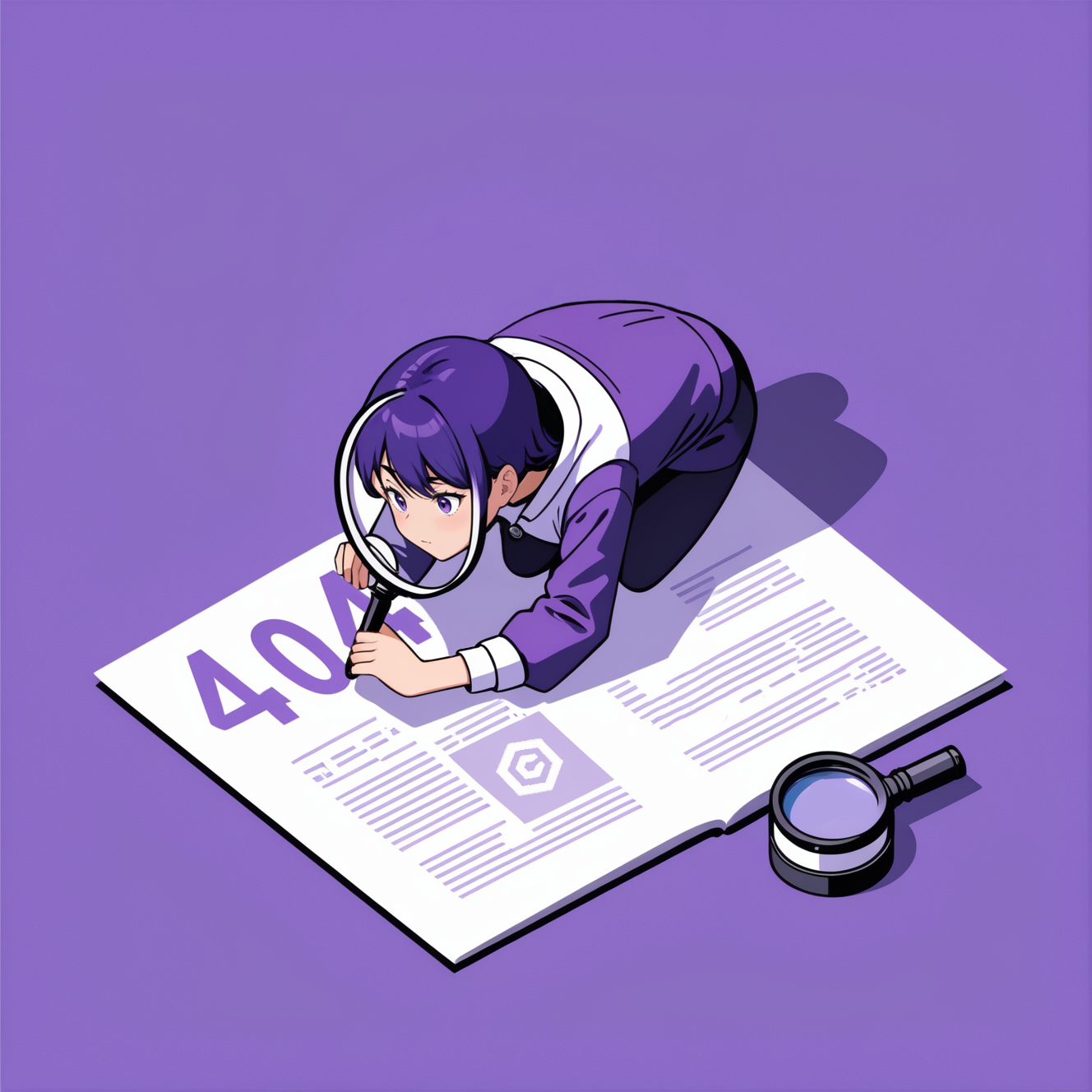 an anime character examining text "404" on the floor with a magnifying glass, simple background, cartoon, violet theme, fl...